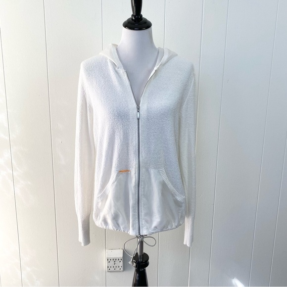 Vintage Escada Sport Zip Front Textured White Hoodie Sheer Hood And Pockets Sz M - Picture 1 of 13